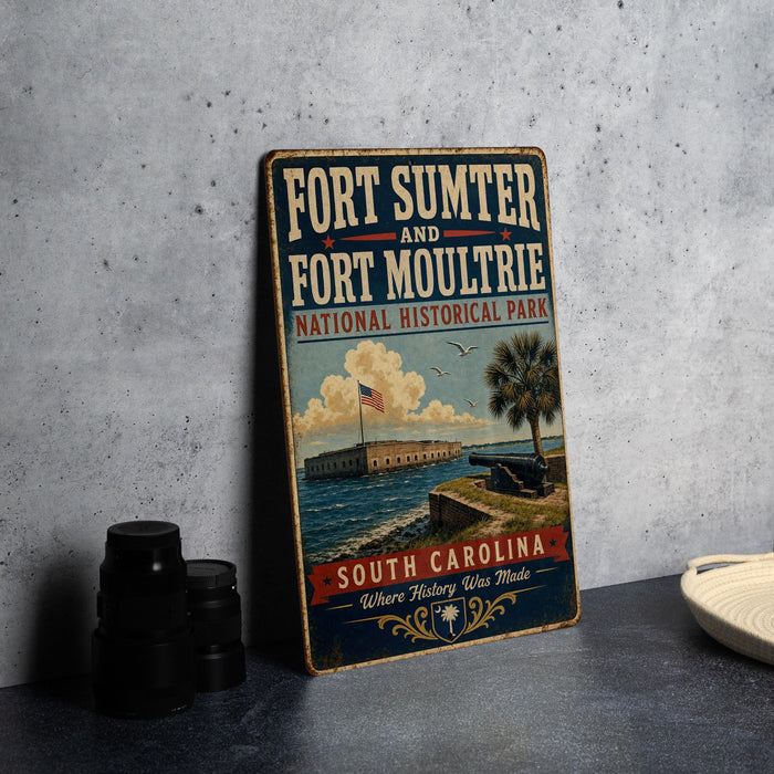 A vintage-style sign for Fort Sumter and Fort Moultrie, which is a National Historical Park in South Carolina.