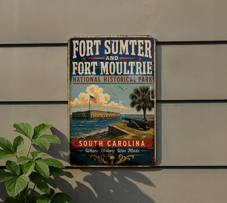 A vintage-style sign for Fort Sumter and Fort Moultrie National Historical Park, featuring an illustration of the fort and its surroundings.