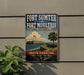 A vintage-style sign for Fort Sumter and Fort Moultrie National Historical Park, featuring an illustration of the fort and its surroundings.