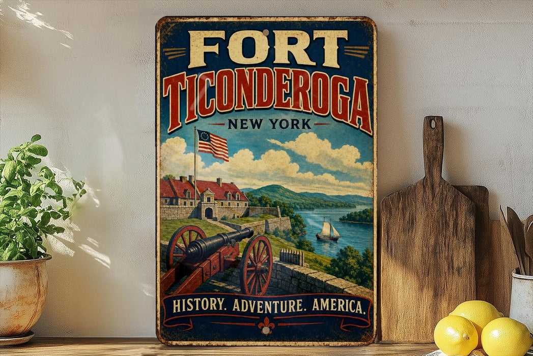A vintage-style sign for Fort Ticonderoga, New York, featuring a cannon, a ship, and a scenic landscape.