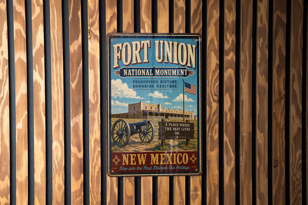 A vintage metal sign for Fort Union National Monument, featuring a cannon and a sign that says "A Place Where the Old Lives on".