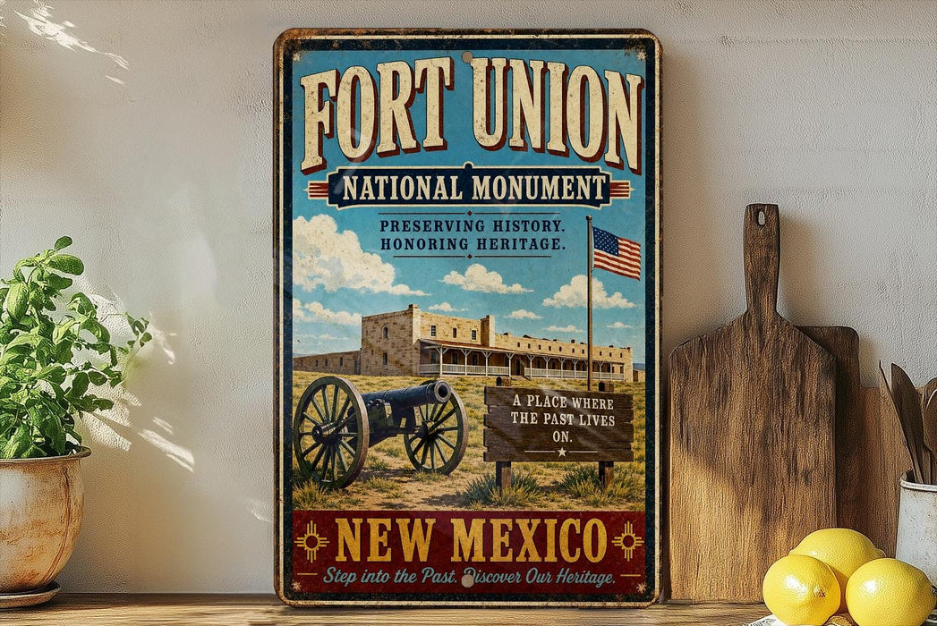 A vintage-style sign for Fort Union National Monument in New Mexico, featuring a cannon, a sign, and an American flag, with the text "Fort Union National Monument Preserving History Honoring Heritage" and "A PLACE WHERE THE PAST LIVES".