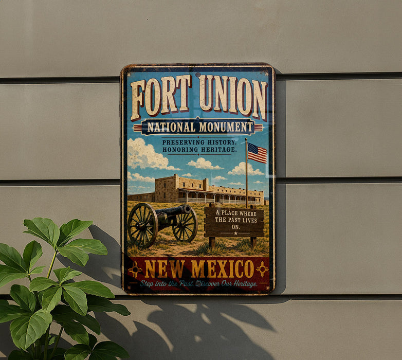 A vintage-style metal sign for the Fort Union National Monument in New Mexico, featuring a cannon and a sign that says "A PLACE WHERE THE PAST LIVES ON."
