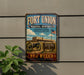 A vintage-style metal sign for the Fort Union National Monument in New Mexico, featuring a cannon and a sign that says "A PLACE WHERE THE PAST LIVES ON."