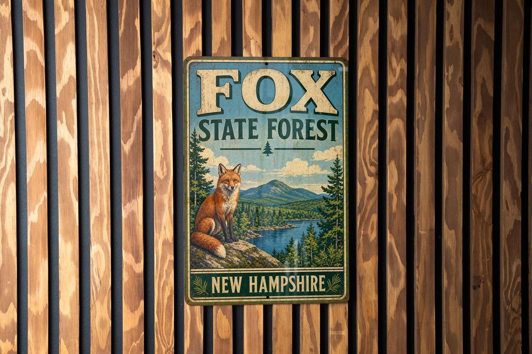 A vintage metal sign for Fox State Forest in New Hampshire, featuring an illustration of a fox in a forest setting.
