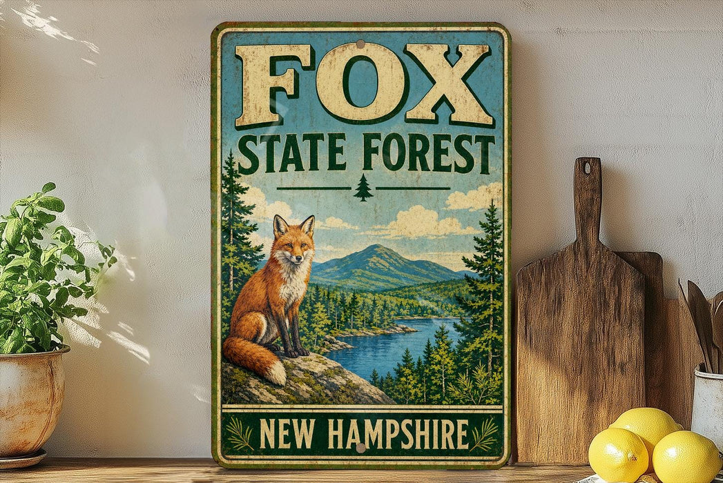 A vintage metal sign for the Fox State Forest in New Hampshire, featuring an illustration of a fox in a forest setting.