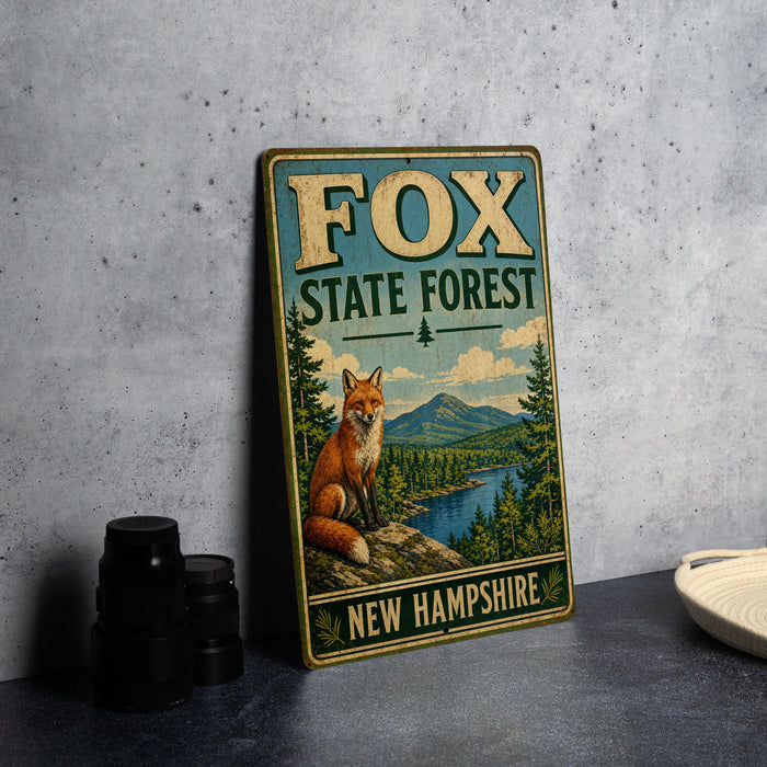 A vintage metal sign for Fox State Forest in New Hampshire, featuring an illustration of a fox in a forest setting.