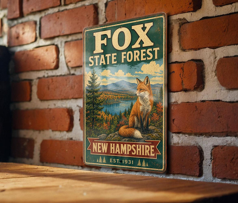 A vintage metal sign for Fox State Forest in New Hampshire, featuring an illustration of a fox in a forest setting.
