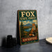 A vintage metal sign for Fox State Forest in New Hampshire, featuring an illustration of a fox in a forest setting.