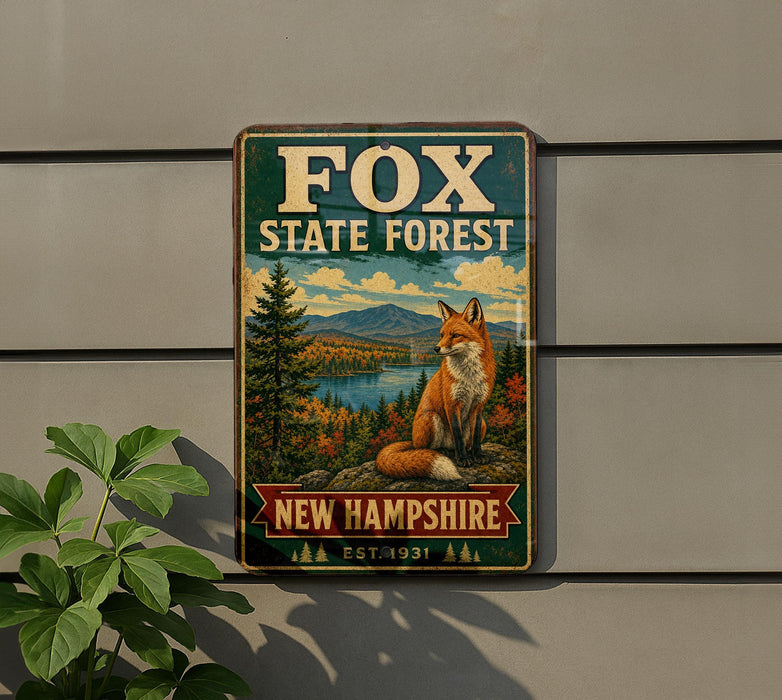 a vintage metal sign for the Fox State Forest in New Hampshire, depicting a fox sitting on a rock in a forest setting.