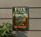 a vintage metal sign for the Fox State Forest in New Hampshire, depicting a fox sitting on a rock in a forest setting.