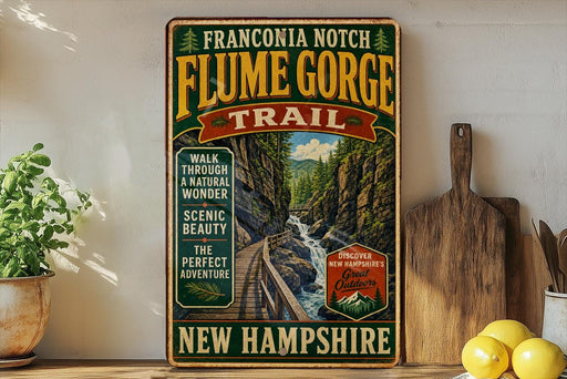 a vintage-style sign for the Franconia Notch Flume Gorge Trail in New Hampshire, with a scenic mountain landscape and a wooden board.