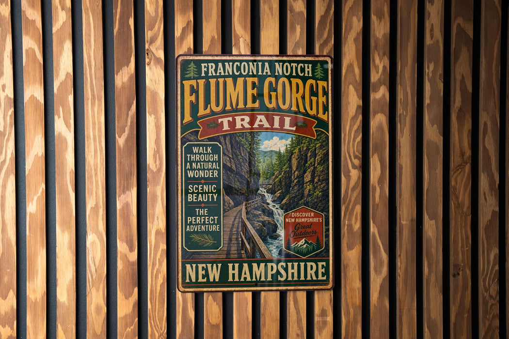 A vintage trail sign for the Franconia Notch Flume Gorge Trail, located in New Hampshire.