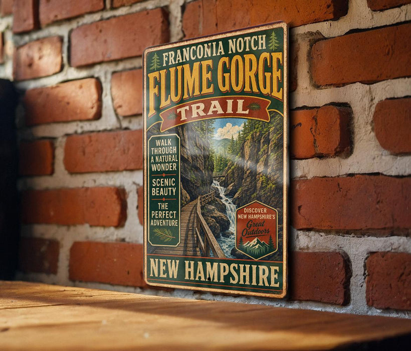 a vintage-style metal sign for the Franconia Notch Flume Gorge Trail in New Hampshire, mounted on a brick wall.