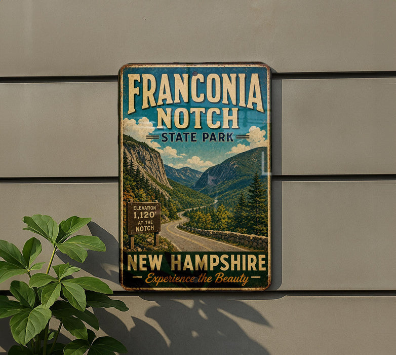 a vintage-style sign for Franconia Notch State Park, with a scenic mountain landscape and a road leading through the park.