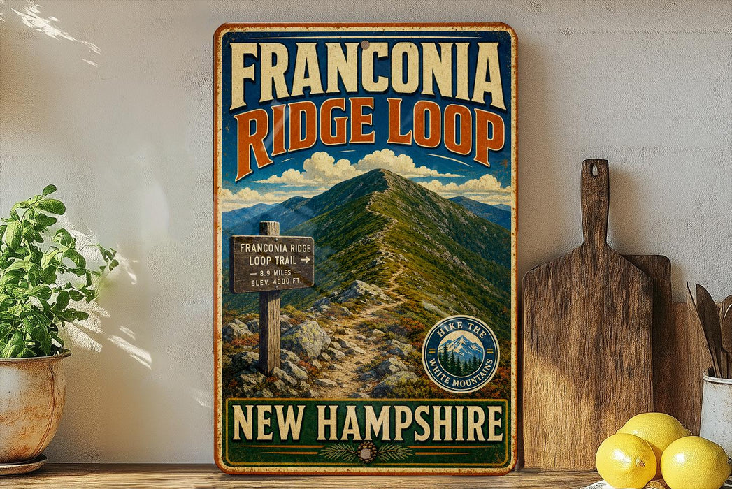A vintage-style metal sign for the Franconia Ridge Loop Trail in New Hampshire, featuring a mountain landscape with a trail leading up to a peak.