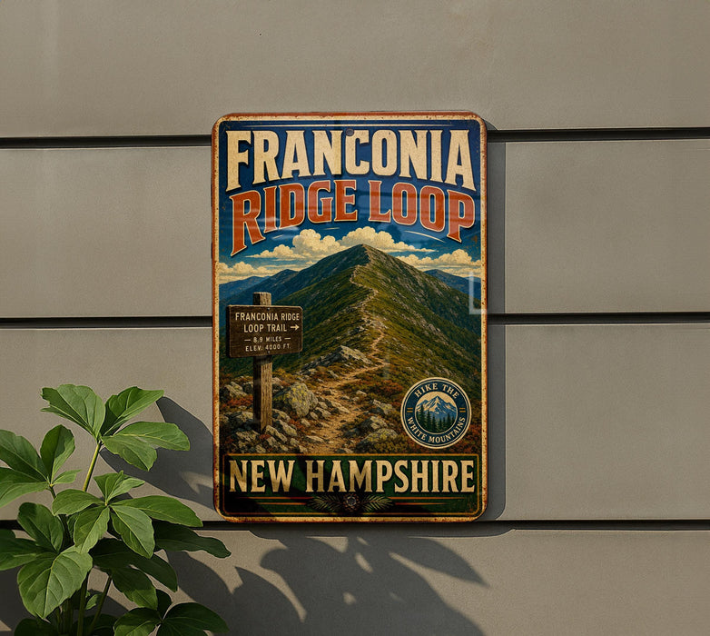 a vintage-style sign for the Franconia Ridge Loop in New Hampshire, with a mountain landscape and trail information.