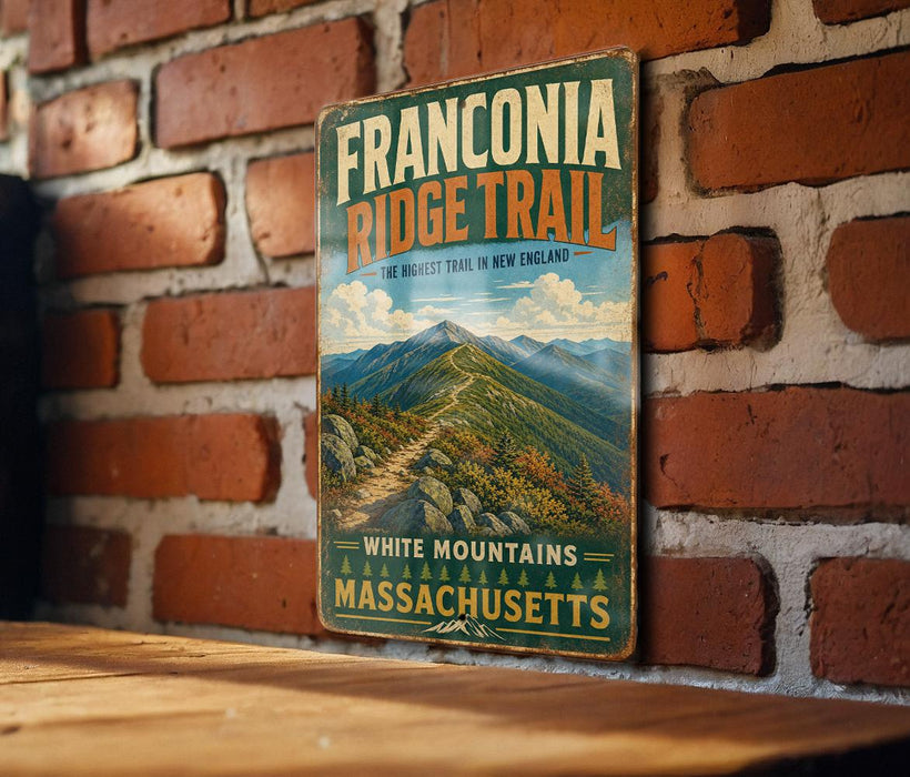 A vintage trail sign for the Franconia Ridge Trail in Massachusetts, featuring a mountain landscape with a winding path.