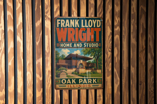 A vintage-style sign for Frank Lloyd Wright's home and studio in Oak Park, Illinois.