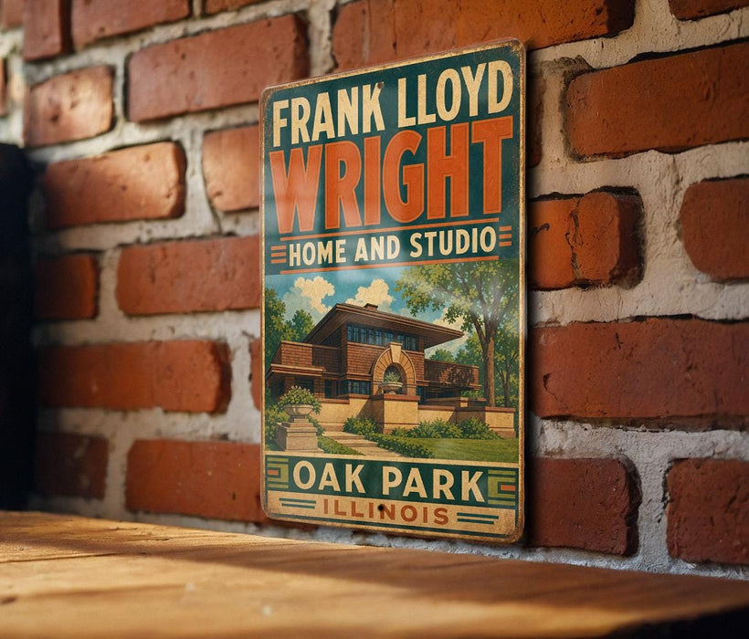 A vintage-style sign for Frank Lloyd Wright's Oak Park, Illinois studio, featuring a brick wall and a building illustration.