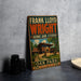 A vintage-style sign for Frank Lloyd Wright's home and studio, Oak Park, Illinois, featuring an illustration of a building and trees.