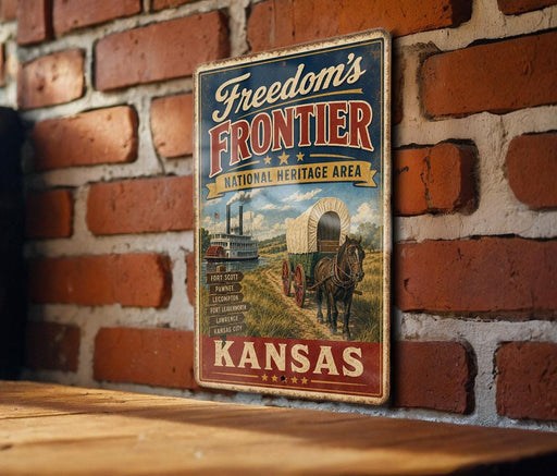 A vintage metal sign for the Kansas Frontier National Heritage Area, featuring an illustration of a covered wagon and a steamboat, mounted on a brick wall.