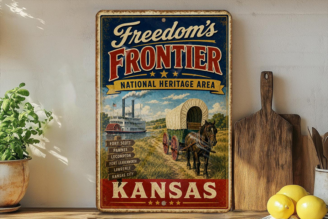 A vintage-style metal sign advertising the "Freedom's Frontier National Heritage Area" in Kansas, featuring an illustration of a steamboat and a covered wagon.