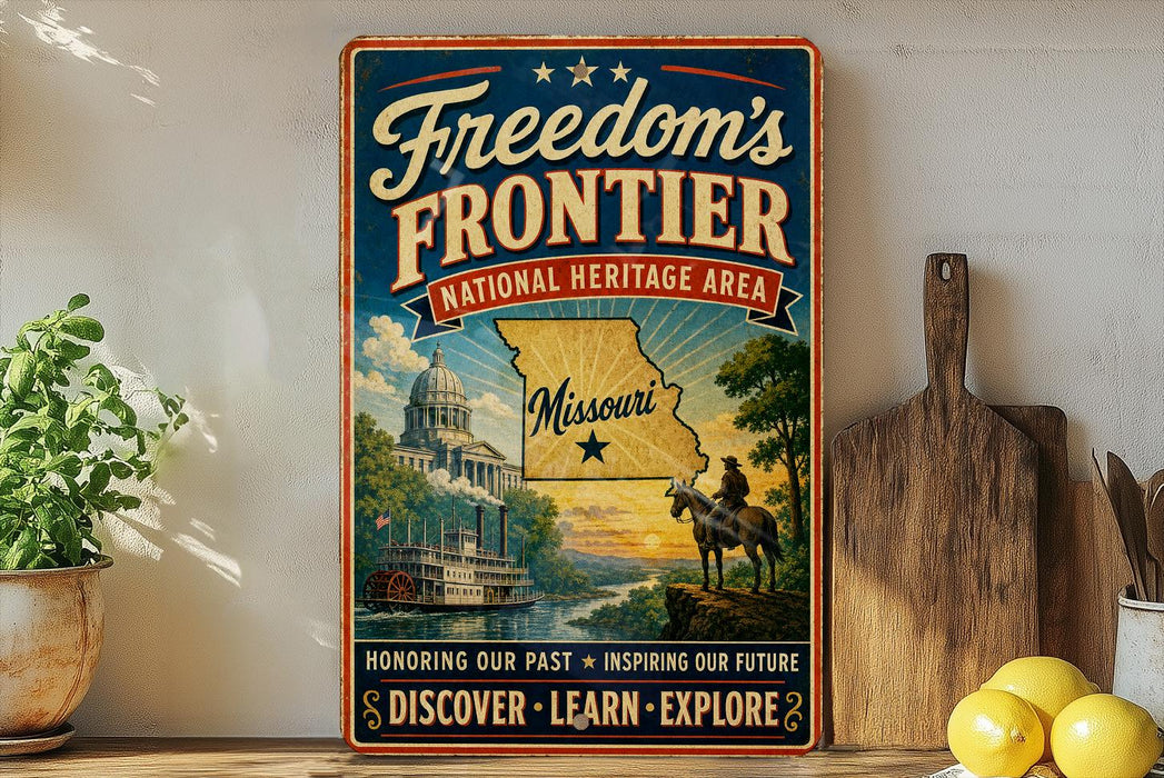 a vintage-style metal sign with a map of Missouri, a cowboy on horseback, and a river, all set against a backdrop of a building and a sunset. The sign is placed on a wooden surface, surrounded by various kitchen utensils and a potted plant.