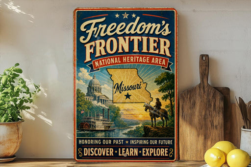 a vintage-style metal sign with a map of Missouri, a cowboy on horseback, and a river, all set against a backdrop of a building and a sunset. The sign is placed on a wooden surface, surrounded by various kitchen utensils and a potted plant.