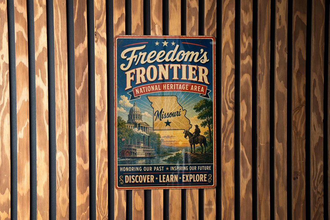 A vintage-style metal sign with the text "Freedom's Frontier National Heritage Area" and a map of Missouri, mounted on a wooden wall.