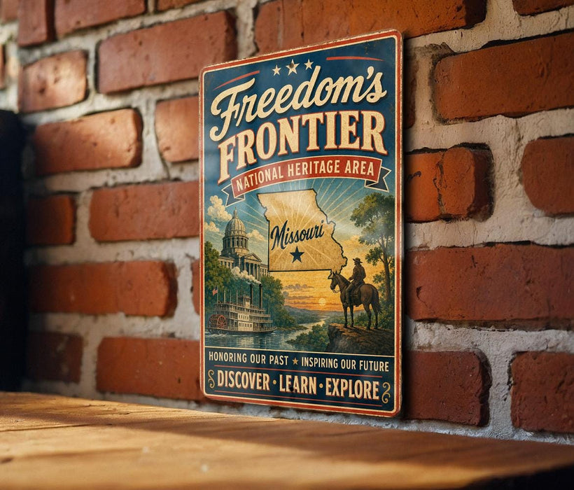 A vintage-style metal sign with the text "Freedom's Frontier National Heritage Area" and a map of Missouri, mounted on a brick wall.