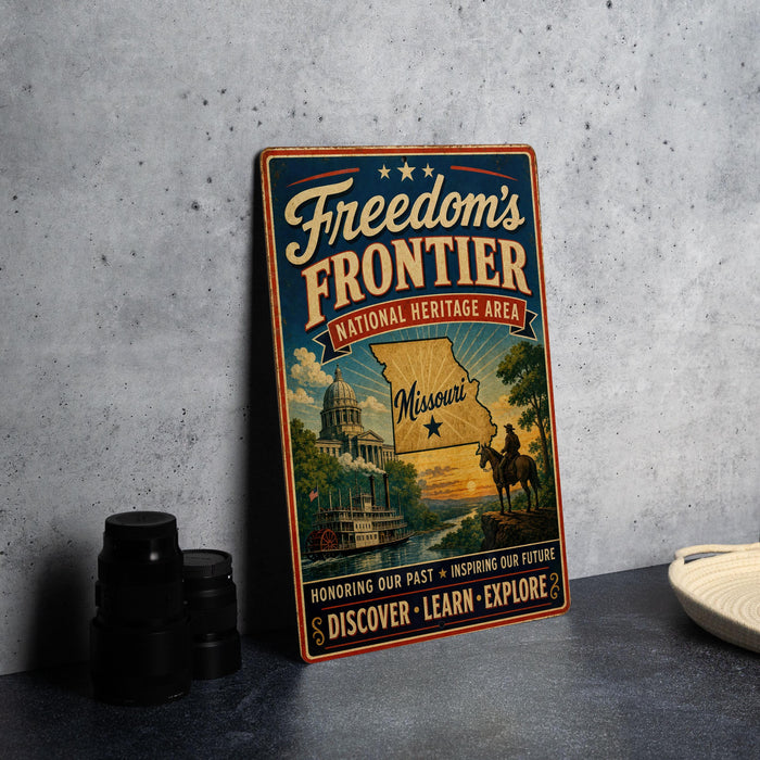 a vintage-style metal sign with a colorful illustration of a state and a cowboy, placed on a gray surface next to some black camera lenses.