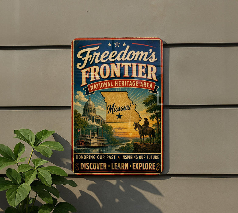 a vintage-style metal sign with a map of Missouri, a cowboy on horseback, and a message about freedom and exploration.