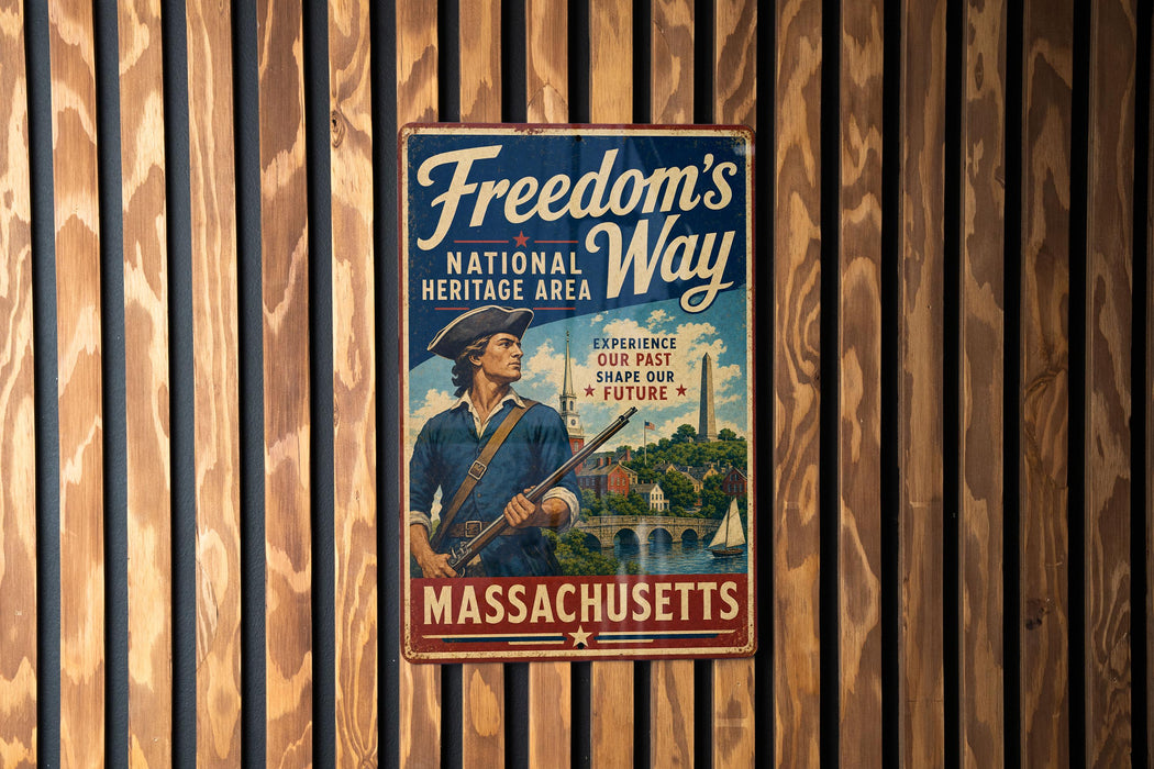 A vintage metal sign with the text "Freedom's Way" and "National Heritage Area" is displayed on a wooden wall.