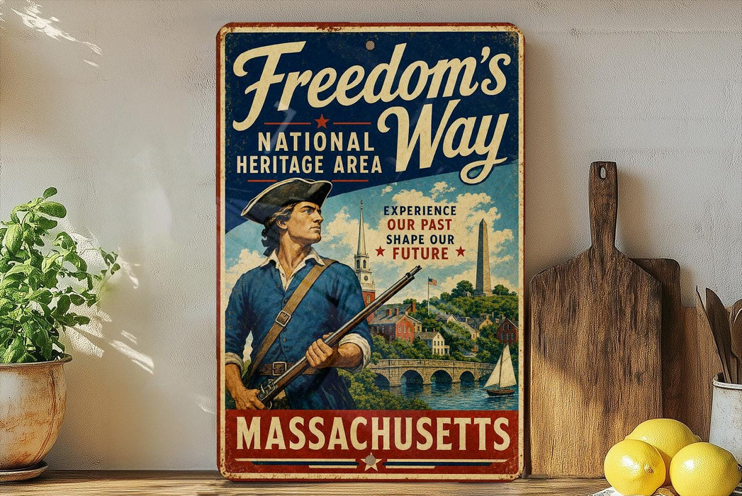 A vintage-style metal sign advertising the Massachusetts National Heritage Area, featuring a patriotic figure and a scenic landscape.