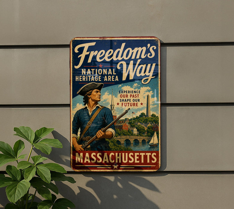 a vintage metal sign with a patriotic theme, advertising the Massachusetts National Heritage Area.
