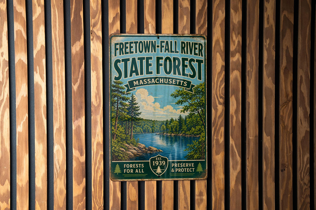 A vintage metal sign for the Freetown-Fall River State Forest in Massachusetts, featuring a scenic illustration of a forest and a river.