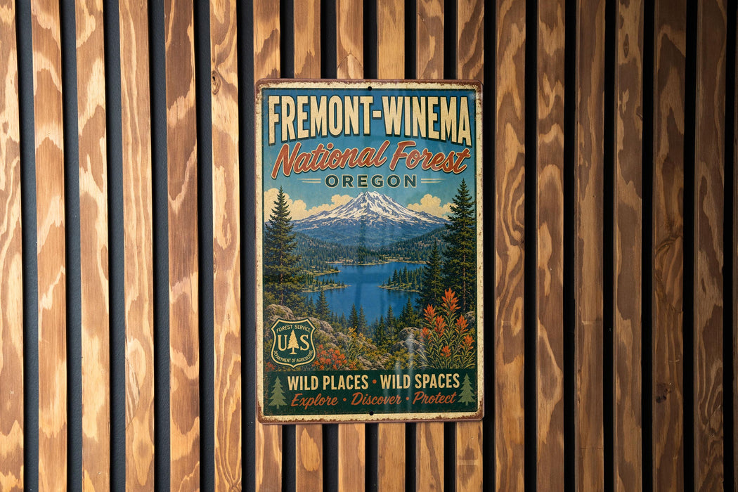 a vintage metal sign with a mountain landscape and a lake, mounted on a wooden wall.