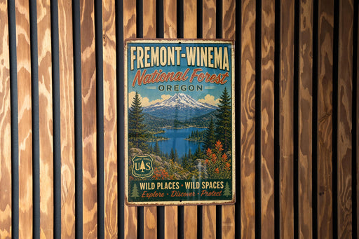 a vintage metal sign with a mountain landscape and a lake, mounted on a wooden wall.