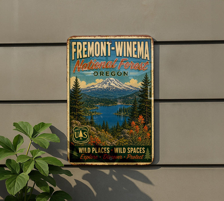 a vintage-style metal sign with a mountain landscape and a lake, mounted on a wall.