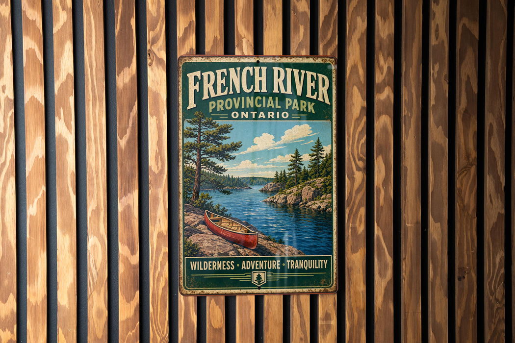 A vintage-style metal sign for French River Provincial Park, Ontario, featuring a canoe on a river surrounded by trees and mountains.