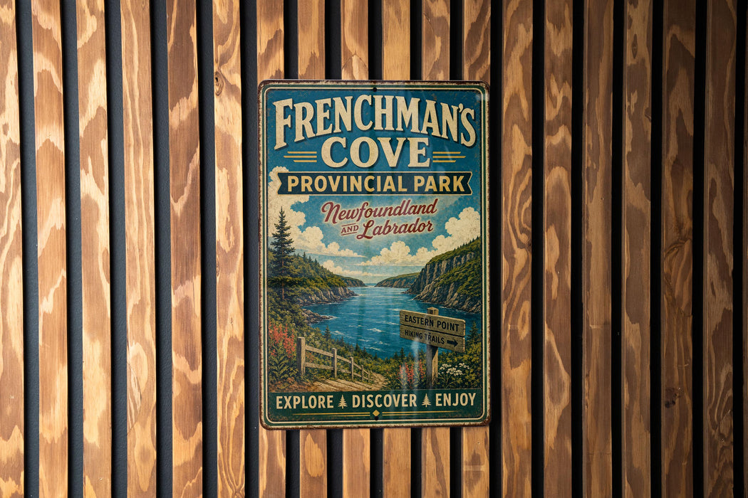 A vintage-style metal sign for "Frenchman's Cove" in New Brunswick, Labrador, featuring a scenic landscape with a river and mountains.