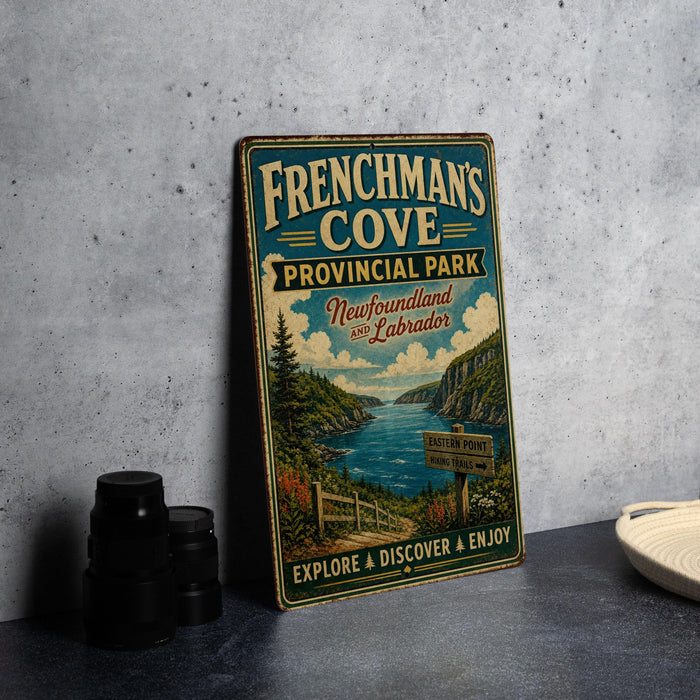 A vintage-style metal sign for "French's Cove" in Nova Scotia, Canada, featuring a scenic landscape with a lake, mountains, and a hiking trail.