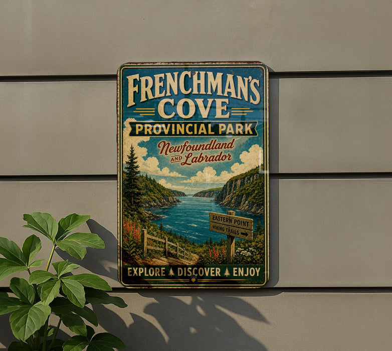 A vintage-style metal sign for Frenchman's Cove, a provincially park in New Brunswick and Labrador, Canada.
