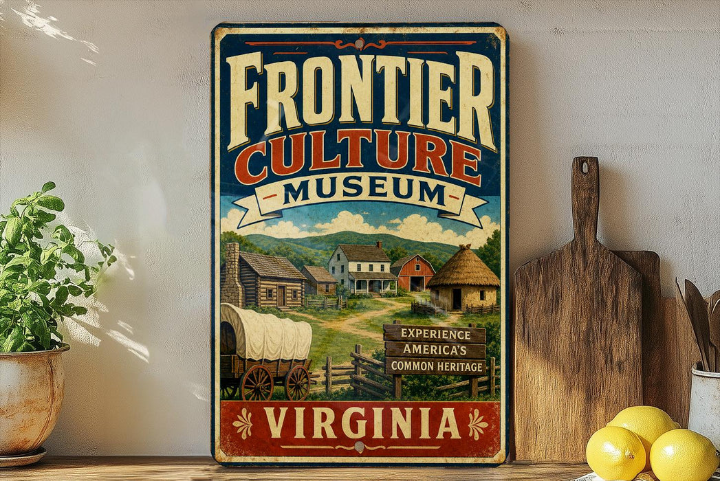a vintage-style sign for the Frontier Culture Museum in Virginia, with a rural scene and a wagon on display.