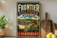 a vintage-style sign for the Frontier Culture Museum in Virginia, with a rural scene and a wagon on display.