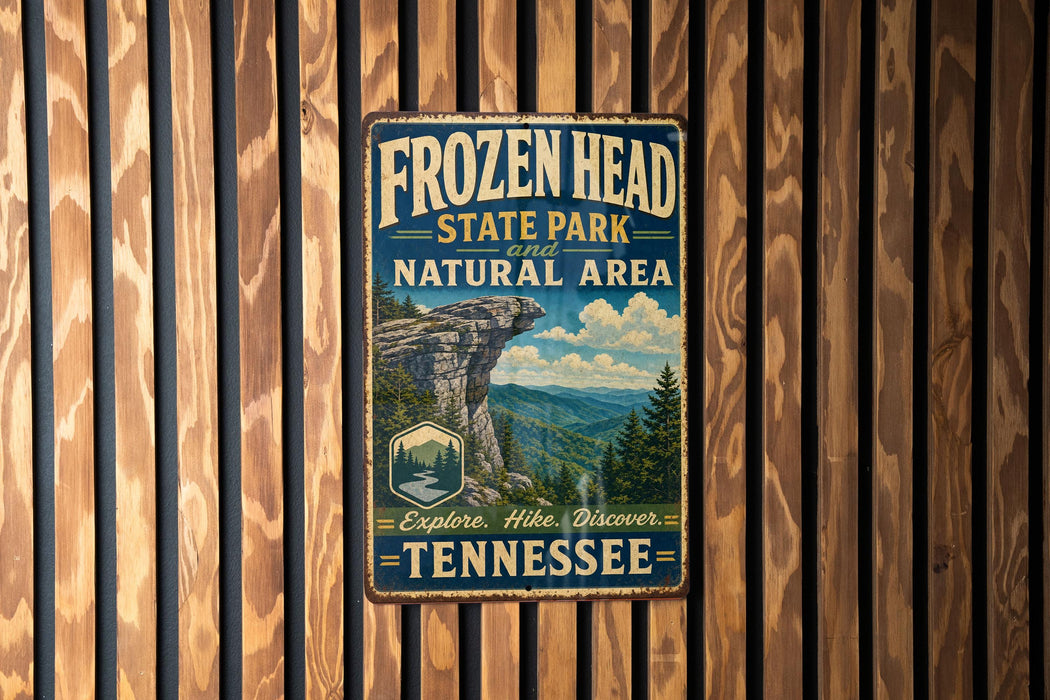A vintage metal sign for Frozen Head State Park and the Natural Area in Tennessee, featuring a scenic mountain landscape.