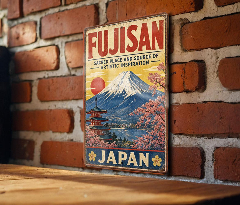 a vintage-style sign for Fujisan, a Japanese landmark, mounted on a brick wall.