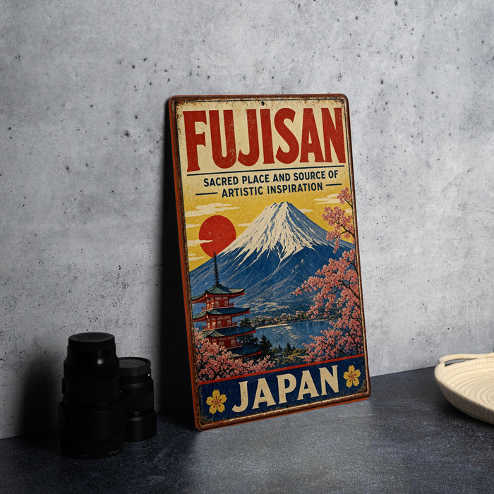 a vintage-style sign for Fujisan, a Japanese company, with a mountain landscape and temple in the background.