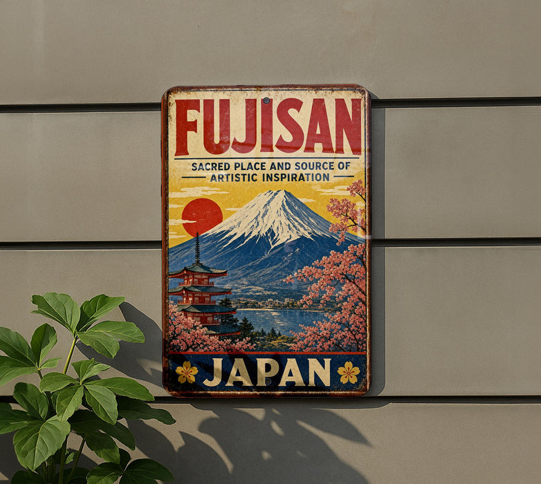 a vintage-style sign for Fujisan, a sacred place and source of artistic inspiration in Japan.